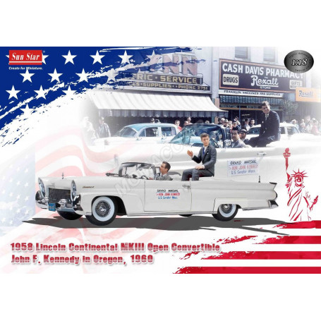 LINCOLN CONTINENTAL MARK III CONVERTIBLE OUVERT 1958 AVEC FIGURINE JF. KENNEDY EN OREGON 1960