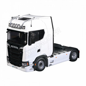 SET : SCANIA V8 730S BLANC AVEC REMORQUE TRANSPORTEUR "LOHR"