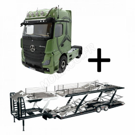 SET : MERCEDES-BENZ ACTROS 4X2 VERT AVEC ECLAIRAGE LED ET REMORQUE TRANSPORTEUR "LOHR"