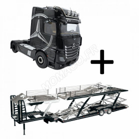 SET : MERCEDES-BENZ ACTROS 4X2 NOIR AVEC LOGO ET ECLAIRAGE LED + REMORQUE PORTE-AUTO LOHR (EPUISE)