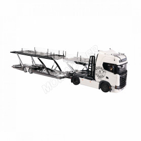 SET : SCANIA V8 730S BLANC AVEC DECO ET REMORQUE TRANSPORTEUR "LOHR"