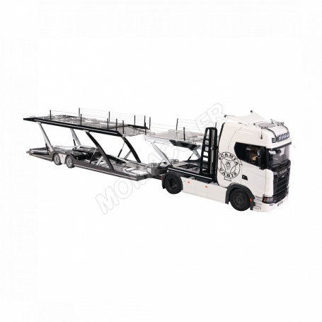 SET : SCANIA V8 730S BLANC AVEC DECO ET REMORQUE TRANSPORTEUR "LOHR"