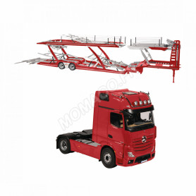 SET : MERCEDES-BENZ ACTROS 4X2 ROUGE AVEC ECLAIRAGE LED ET REMORQUE TRANSPORTEUR "LOHR" ROUGE