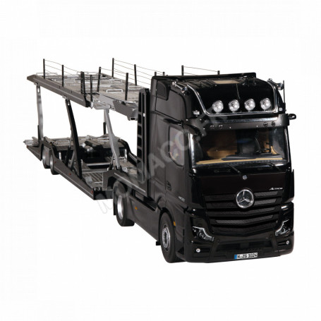 SET : MERCEDES-BENZ ACTROS 4X2 NOIR AVEC ECLAIRAGE LED ET REMORQUE TRANSPORTEUR "LOHR"